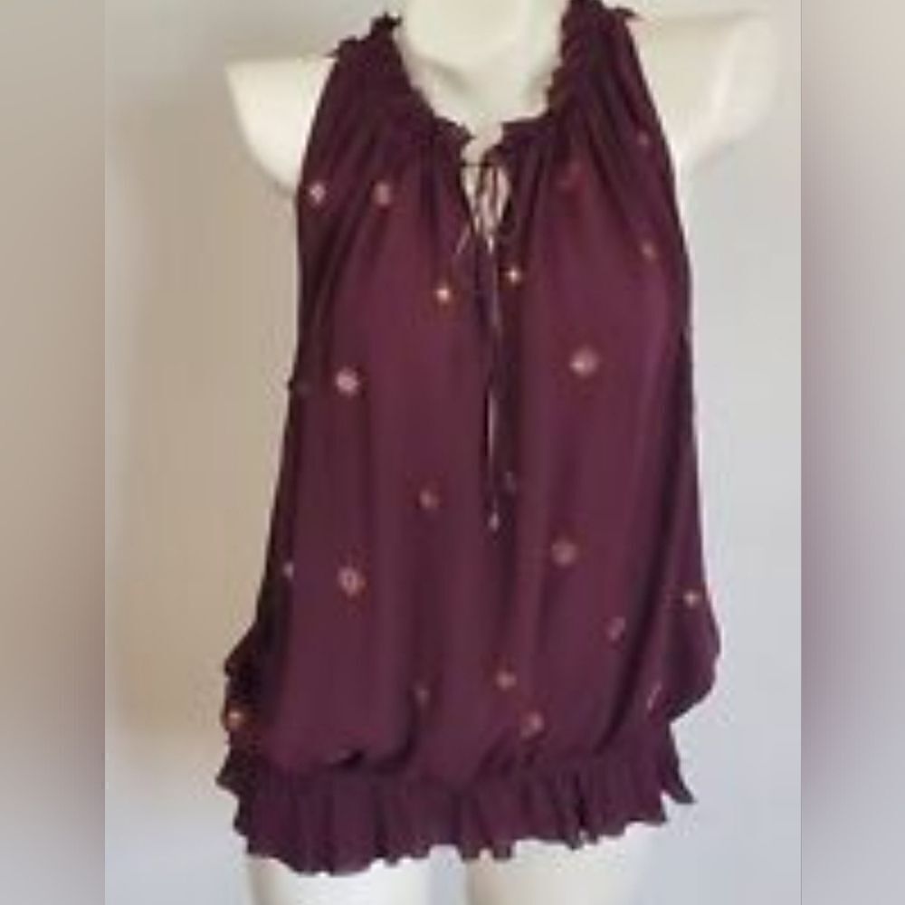 Express S Purple Slvless 100% SILK Beaded Elastic Waistband Women's Top Blouse